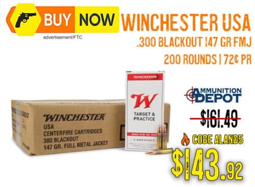 Winchester USA .300 Blackout 147 gr FMJ 200-Round Case – $143.92 With Code