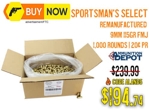 Sportsman’s Select Remanufactured 9mm 115gr FMJ 1,000 Rounds – $194.74 w/ Code