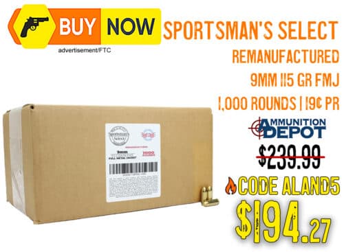 Sportsman’s Select Remanufactured 9mm 115gr FMJ 1,000 Rounds – $194.27 w/ Code