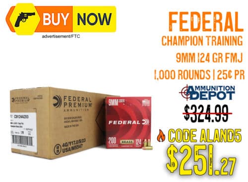 Federal Champion 9mm 124 Grain FMJ Ammo 1,000 Rounds – $251.27 With Code